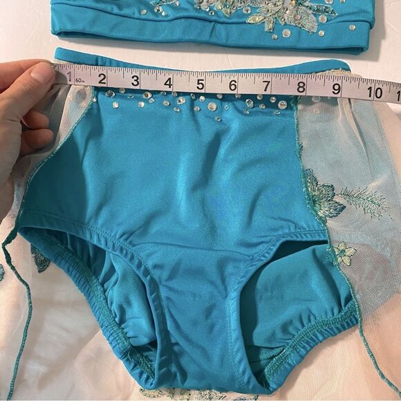 Solo custom dance costume leotard 2 piece teal aqua green rhinestoned MC child - Picture 14 of 16